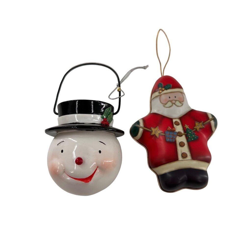 Snowman & Santa Christmas Ornaments Metal & Ceramic 5.5" & 6" tin tea light